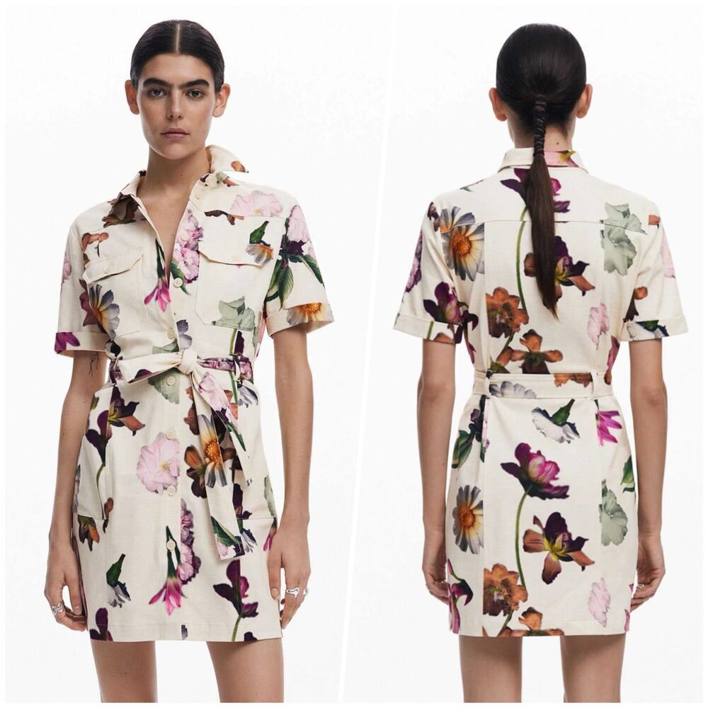 Desigual | Women | Cream Floral Spring Utility Belted Mini Shirt Dress | Medium - Picture 13 of 16